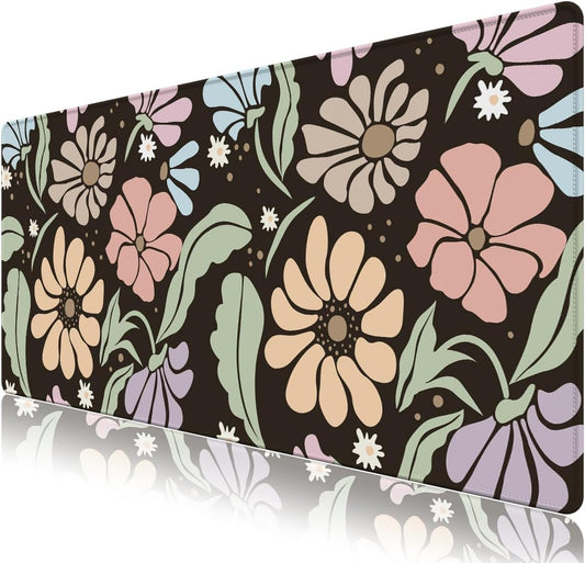 Black Large Desk Mat,Xxl Gaming Mouse Pad,Non Slip Desk Pad with Rubber Base,Floral Extended Keyboard Mat with Stitched Edges for Office Home School